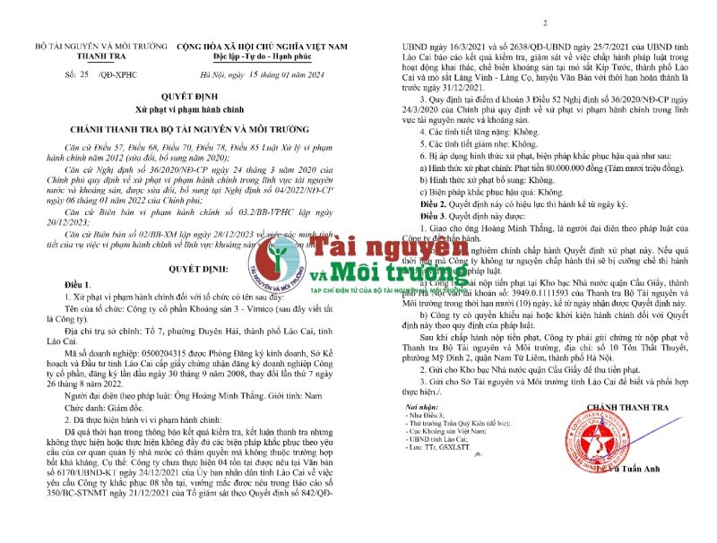 Công ty Khoáng sản 3 - Vimico bị Thanh tra Bộ Tài nguyên và Môi trường xử phạt 80 triệu đồng