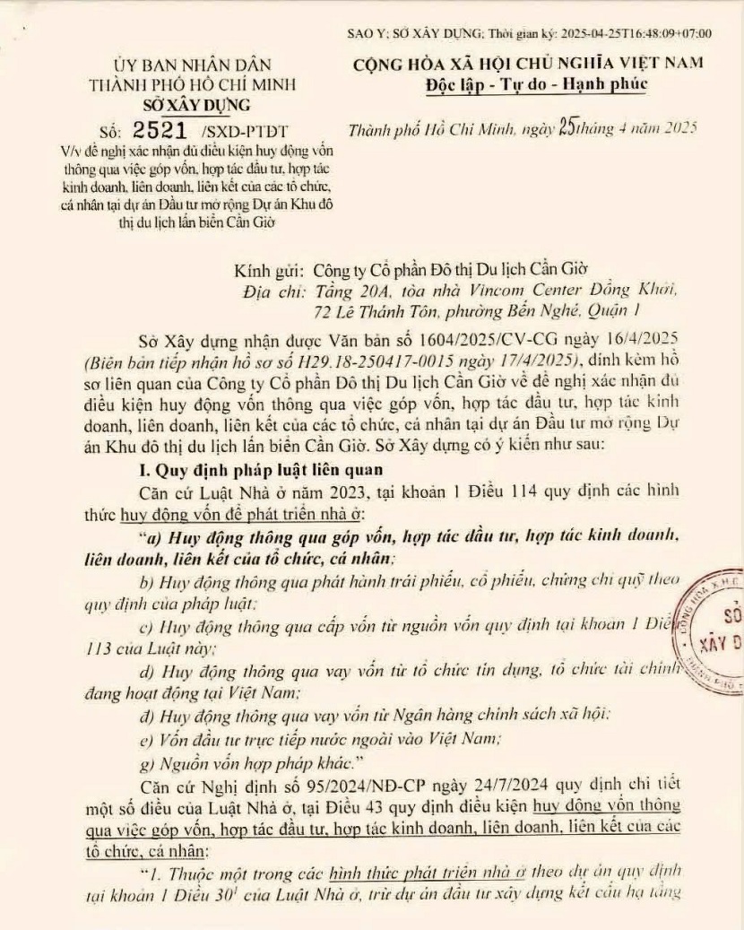 Thời hạn huy động vốn tại Khu đô thị du lịch lấn biển Cần Giờ chưa phù hợp với tiến độ dự án