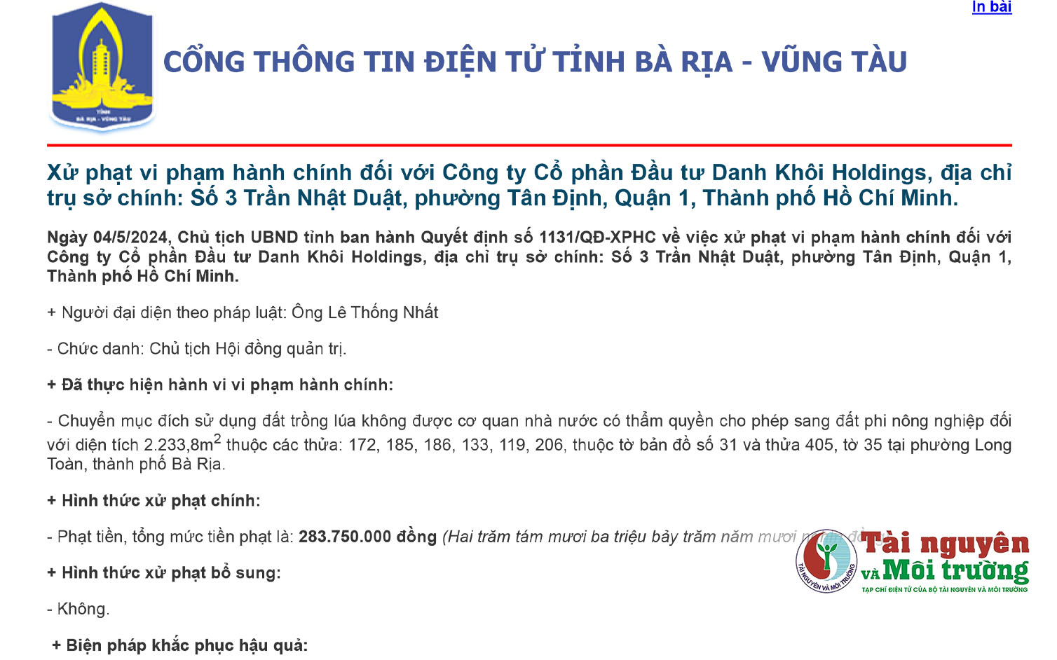 Vi phạm đất đai, Công ty Danh Khôi Holdings bị phạt như thế nào?