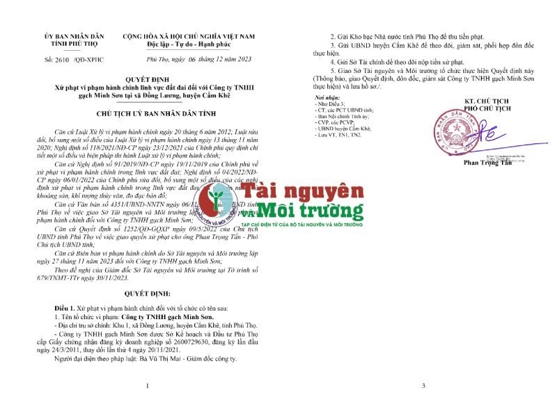 Phú Thọ: Phạt Công ty gạch Minh Sơn hơn 227 triệu đồng do chiếm đất lúa bất hợp pháp