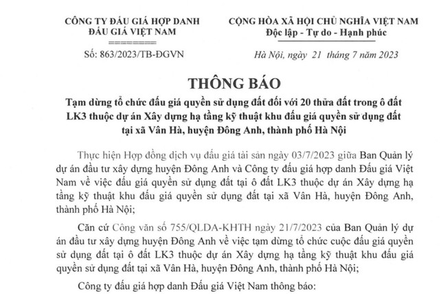 Nhiều cuộc đấu giá đất ở Hà Nội bị tạm dừng bất ngờ