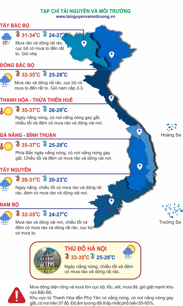 Thời tiết ngày 20/6: Bắc Bộ mưa rào và dông, Thanh Hóa đến Phú Yên nắng nóng