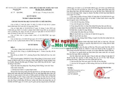 Công ty Khoáng sản 3 - Vimico bị Thanh tra Bộ Tài nguyên và Môi trường xử phạt 80 triệu đồng